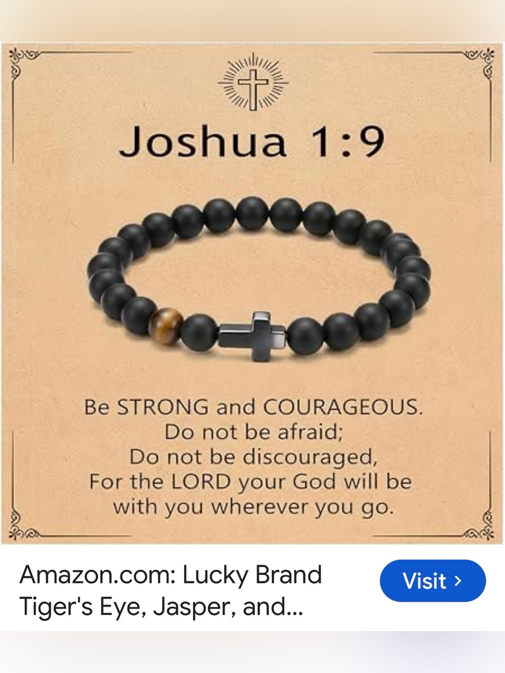 #3373** Joshua 1:9 Matte Black Bead Cross Bracelet